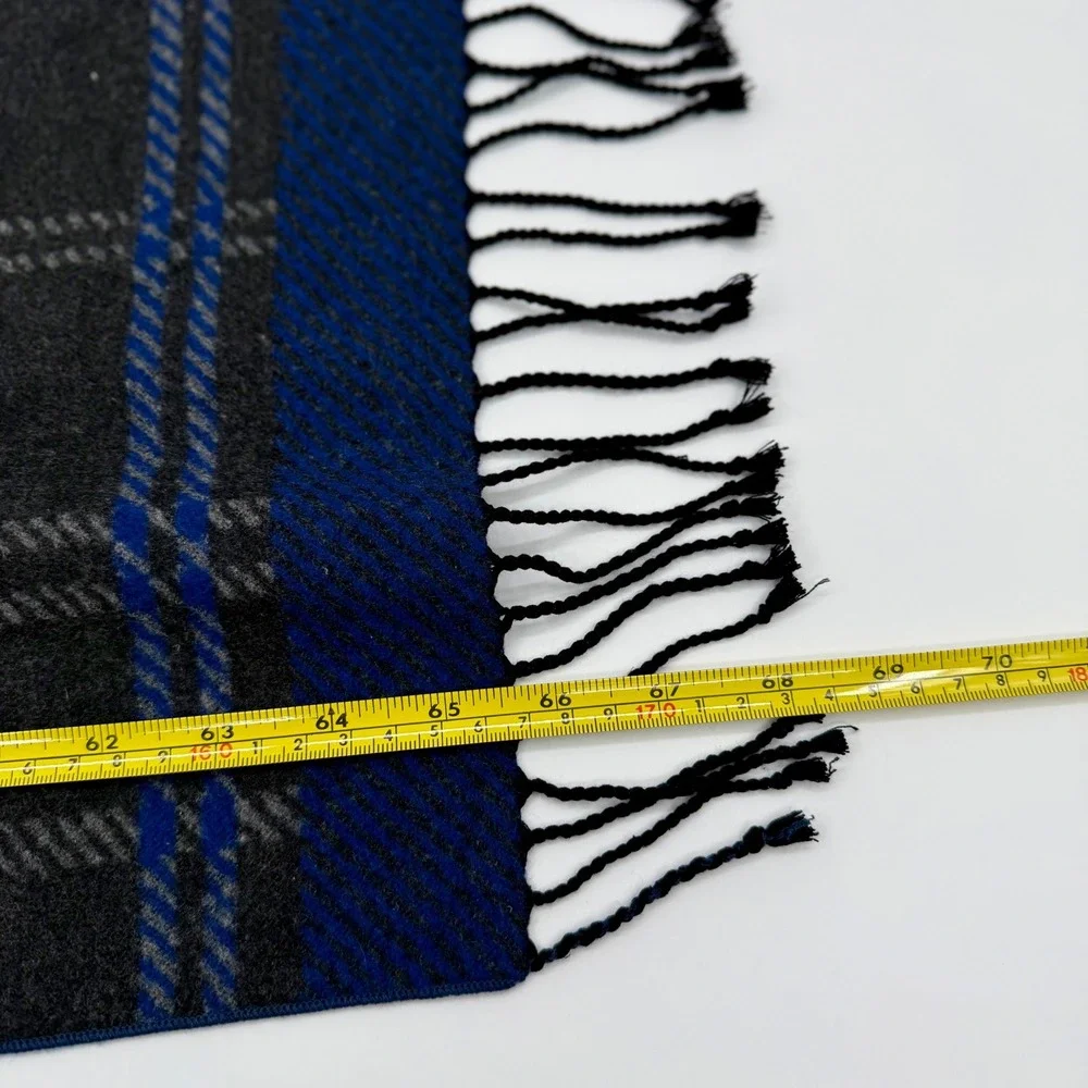 Club Room Mens 100% Silk Plaid Scarf Blue Grey Black Fringe 4103NVY469‎ NWT